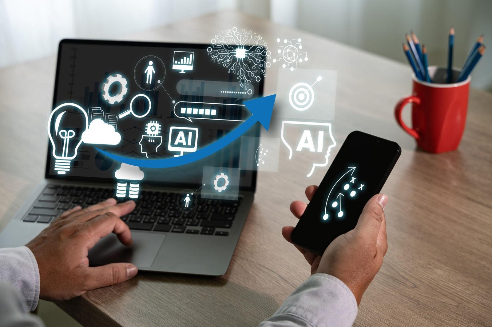 Laptop and phone showing AI and workflow planning concepts