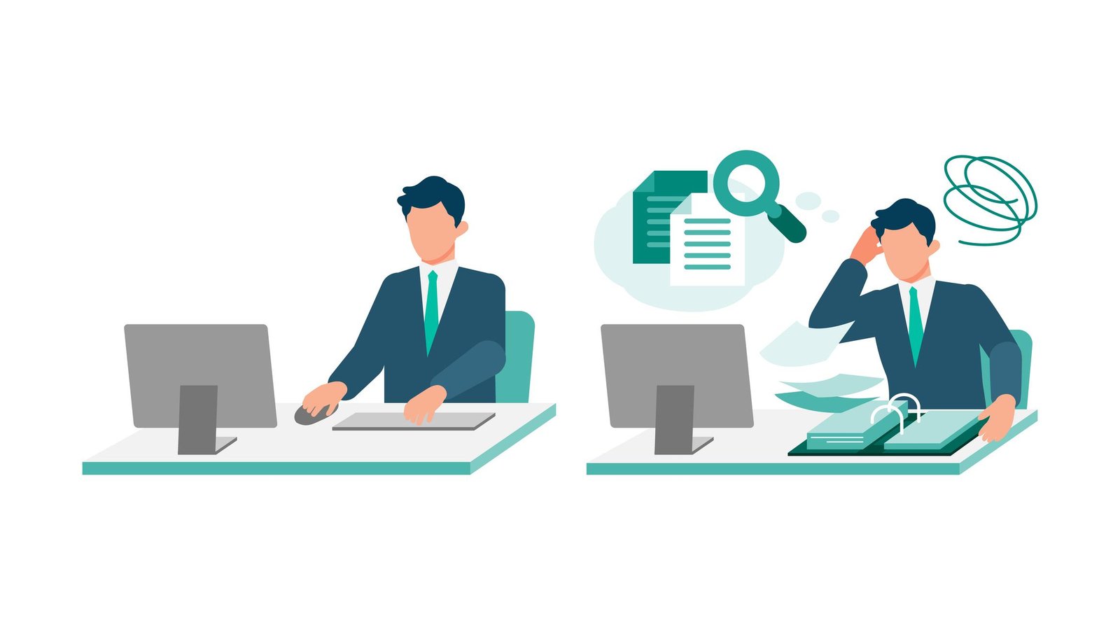 Illustration comparing computer work with manual paper searching