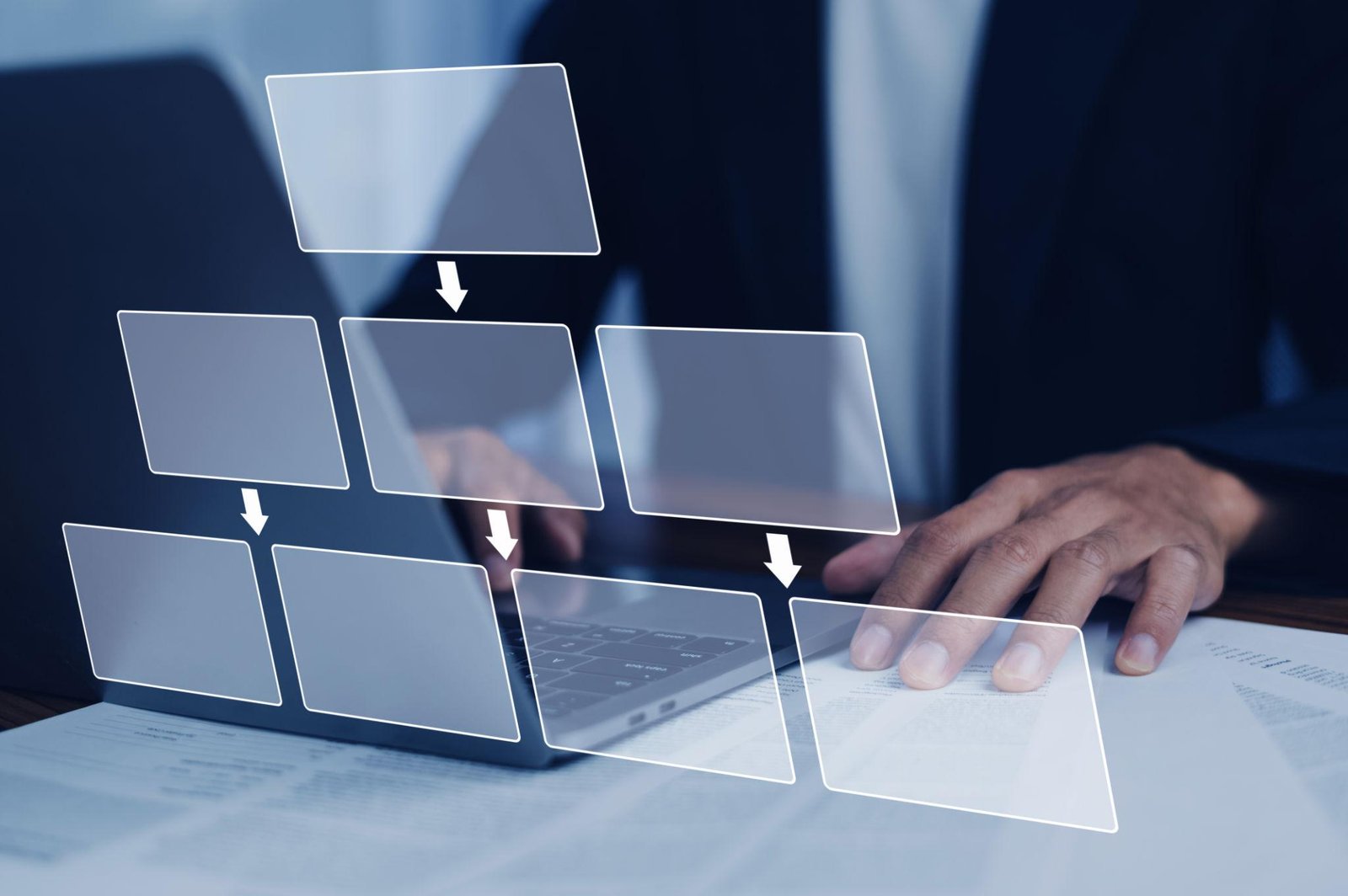 Workflow chart overlay showing reporting process routing