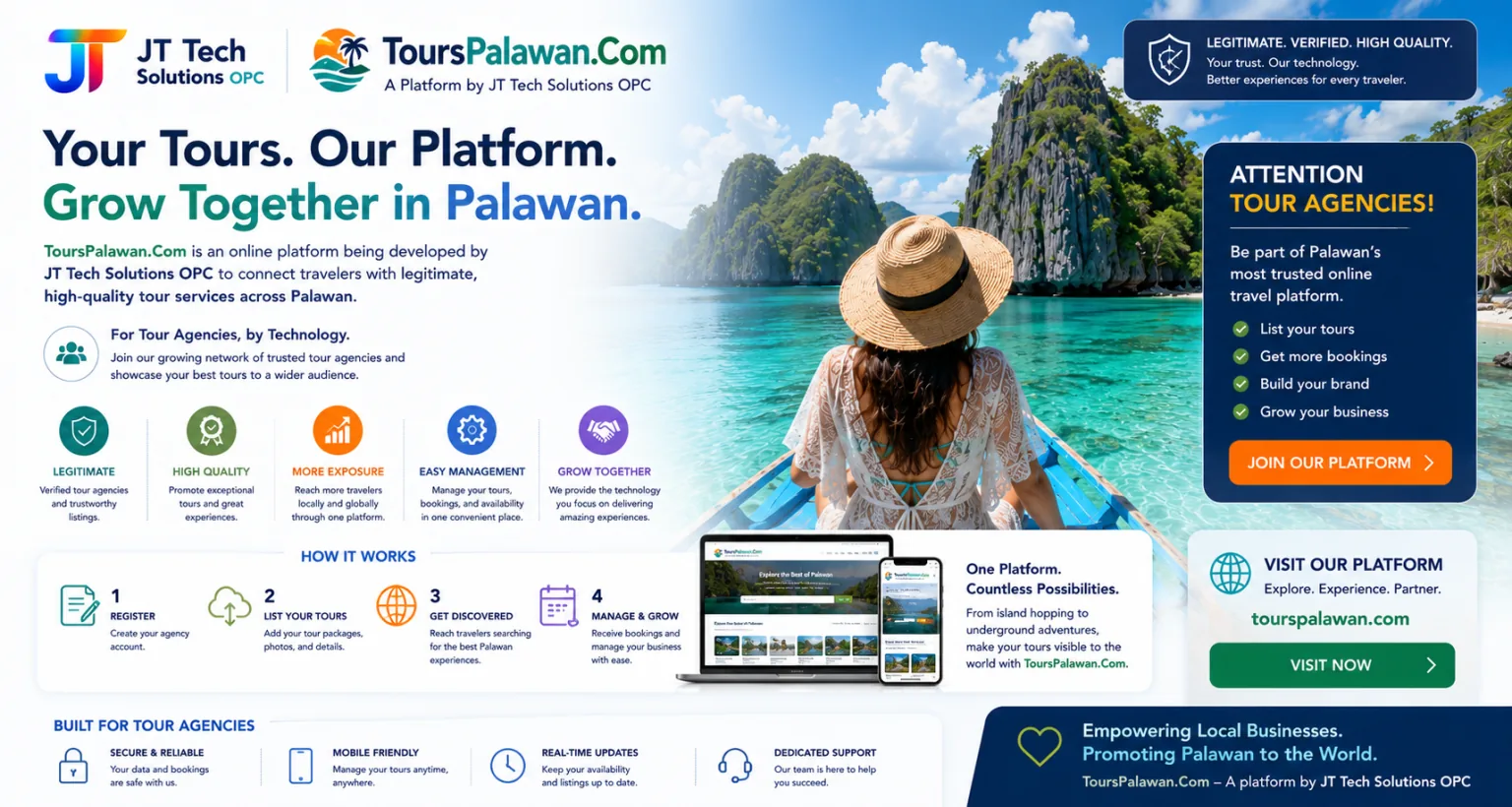 A Palawan-focused digital platform concept connecting travelers with legitimate, high-quality local tour services.